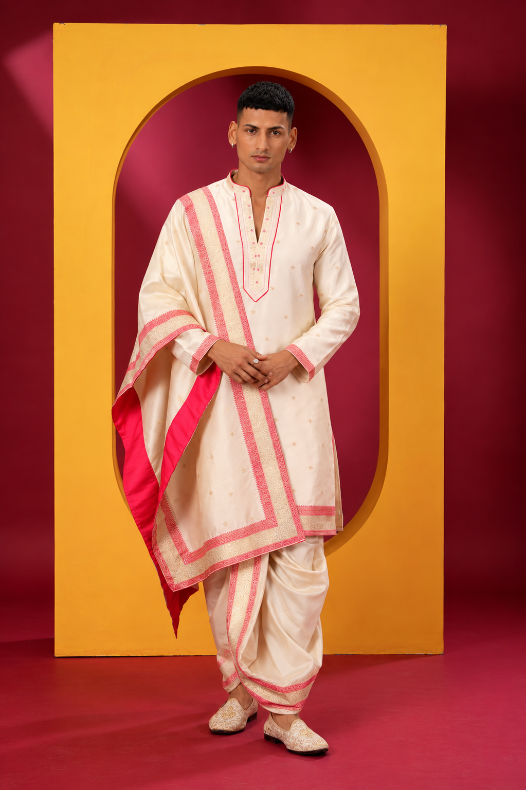 Elegant Ivory Kurta Dhoti Set with Pink Border