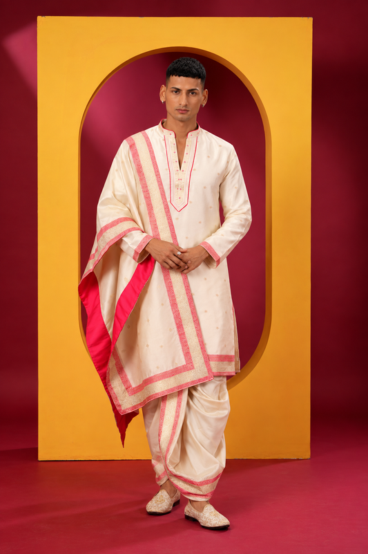 Elegant Ivory Kurta Dhoti Set with Pink Border