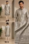 Silver Grey Geometric Embroidered Festive Kurta Set
