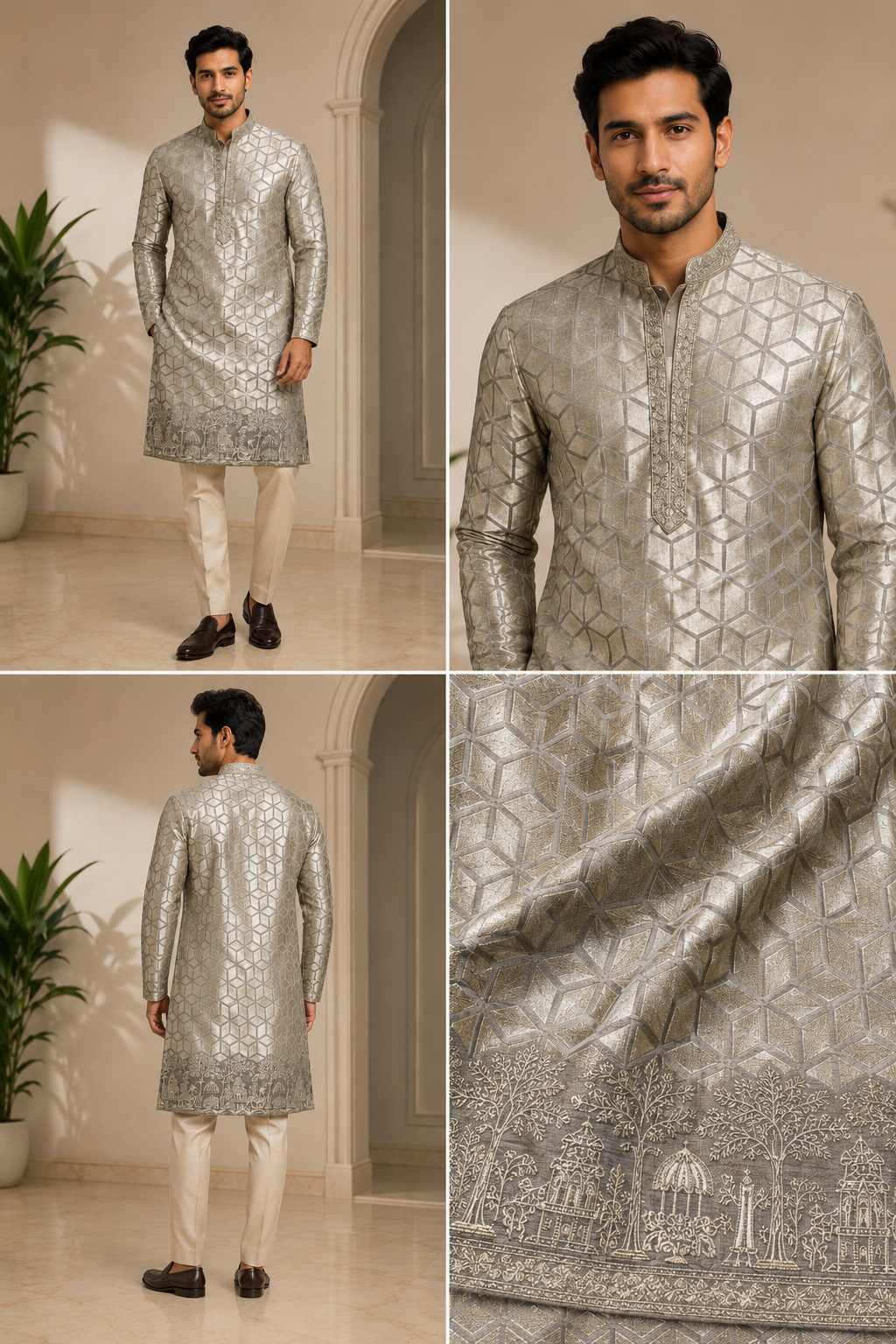 Silver Grey Geometric Embroidered Festive Kurta Set