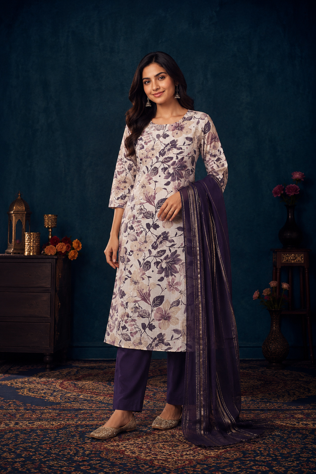 Midnight Bloom Floral Kurta Pant & Dupatta Set