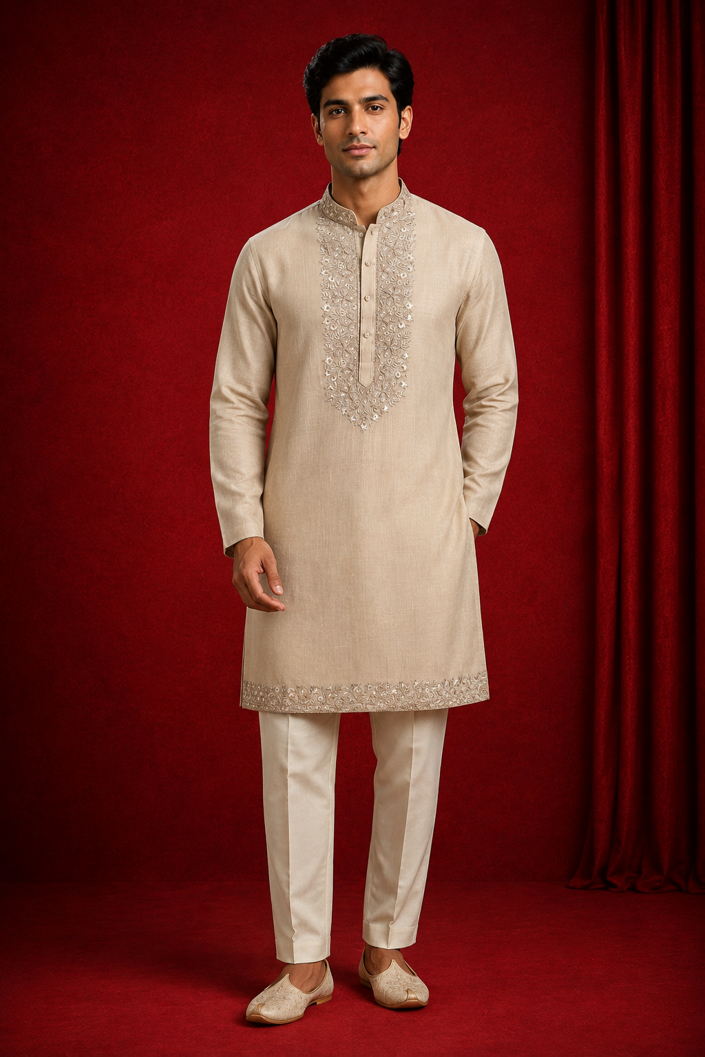 Regal Beige Embroidered Men’s Kurta Set