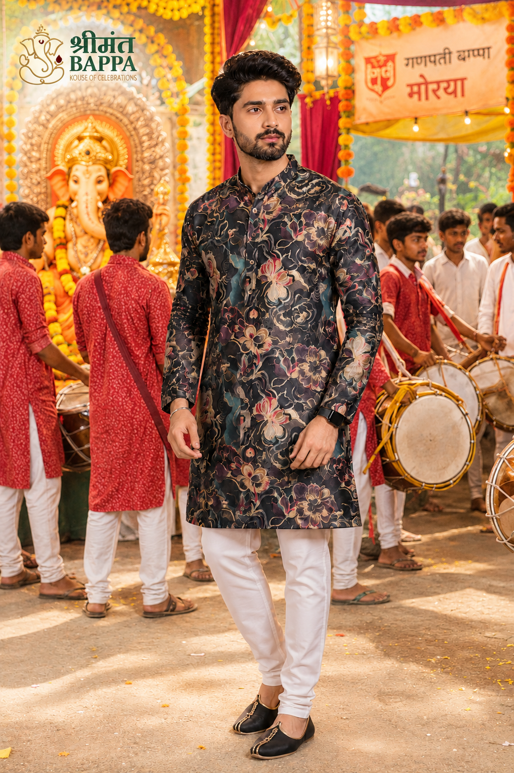 Midnight Floral Ganpati Festive Kurta