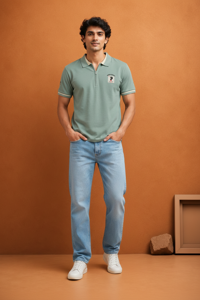 Pure Street Sage Green Zip Polo T-Shirt for Men