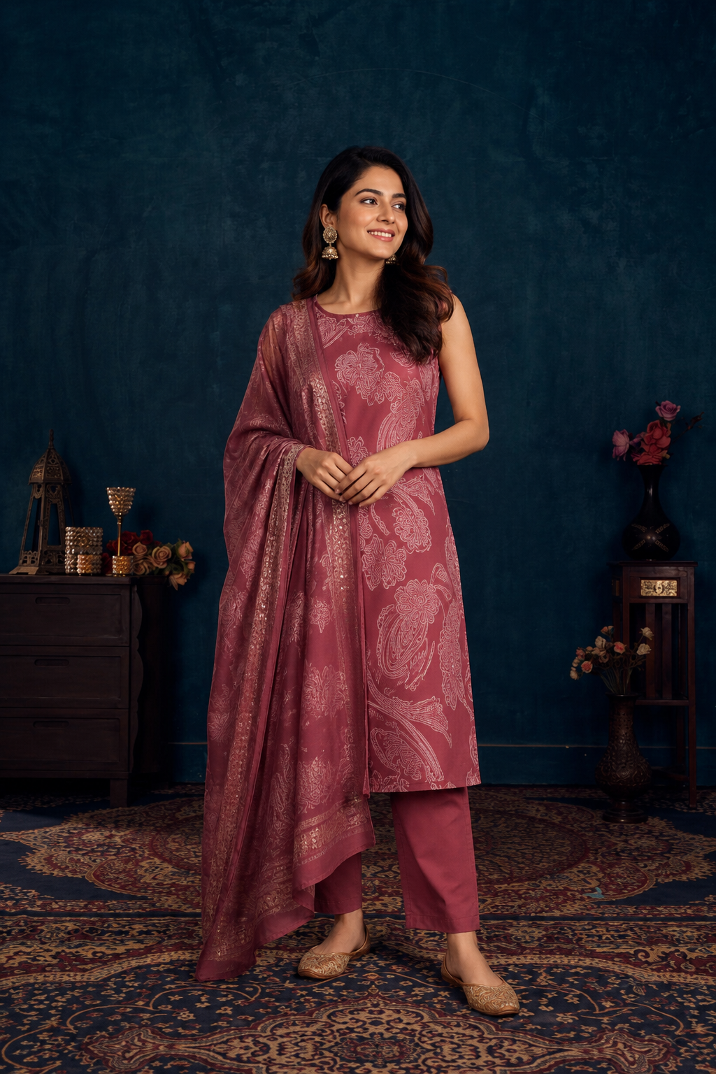 Dusty Rose Floral Printed Kurti Pant & Dupatta Set