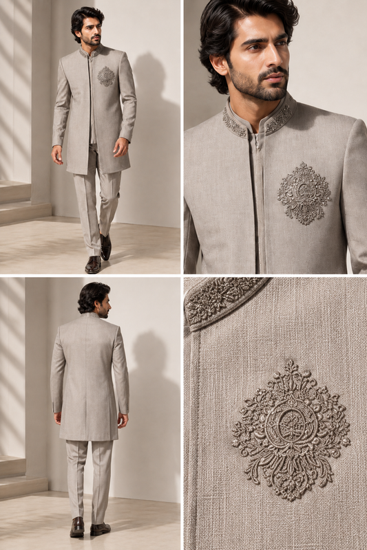 Light Grey Embroidered Indo-Western Jodhpuri Suit