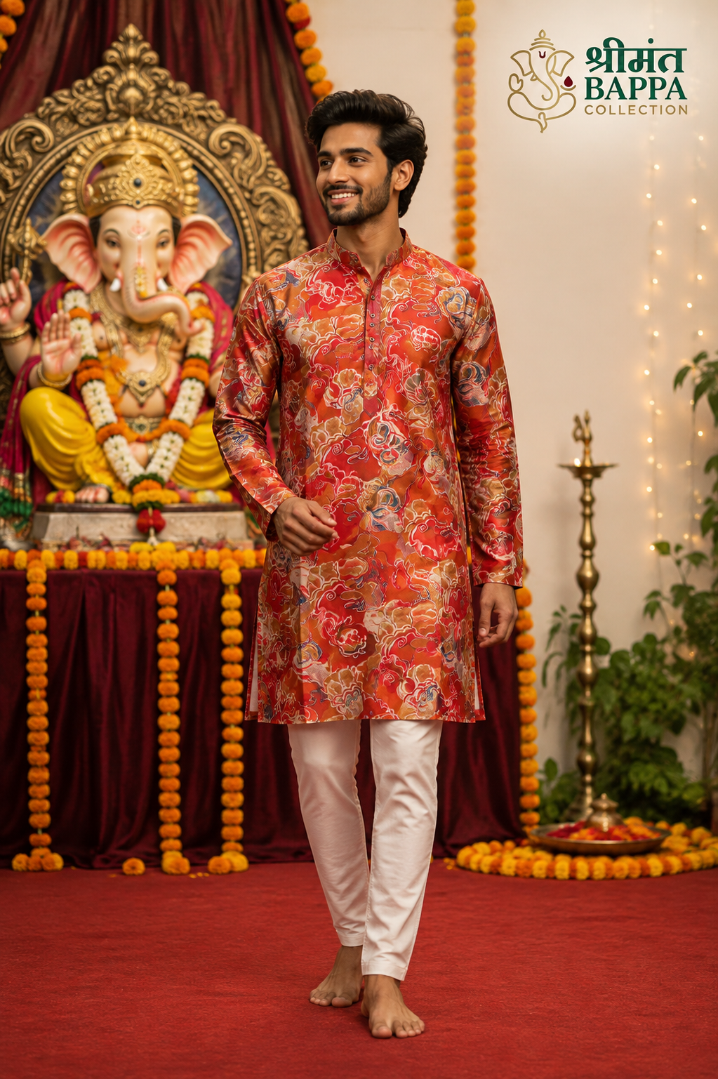 Orange Floral Festive Kurta Pajama Set