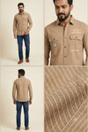 Men's Beige Striped Utility Shirt – Graphic Chest Print & Flap Pockets