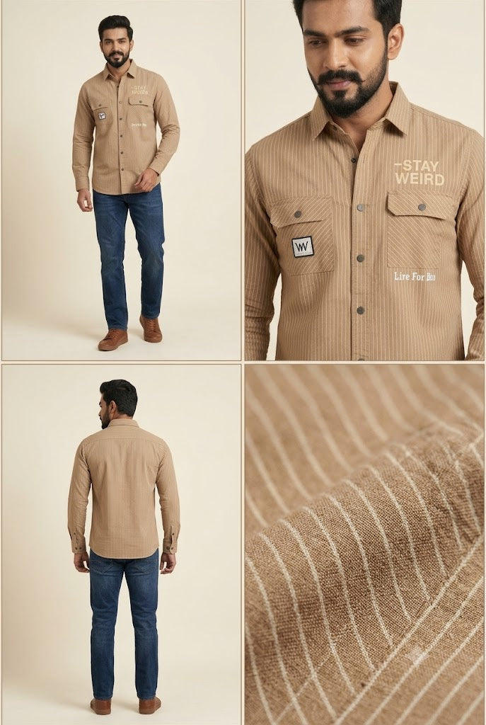 Men's Beige Striped Utility Shirt – Graphic Chest Print & Flap Pockets
