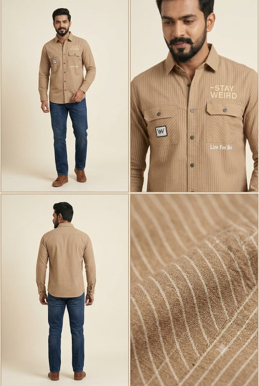 Men's Beige Striped Utility Shirt – Graphic Chest Print & Flap Pockets