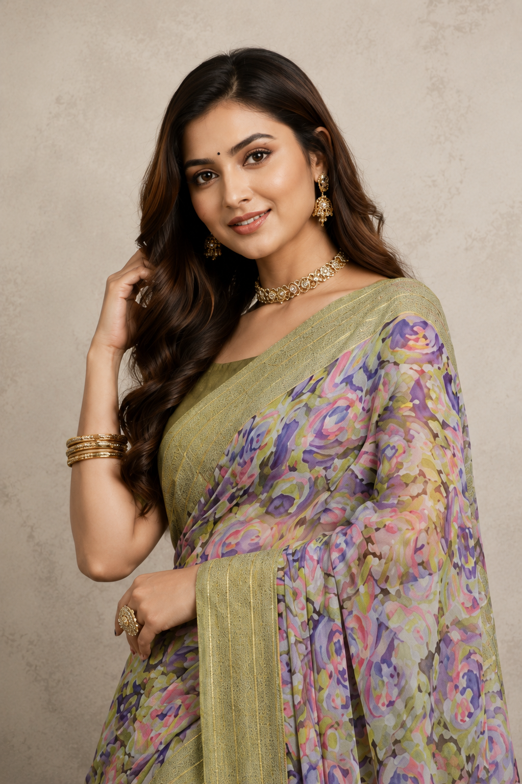 Women's Olive Green Border Floral Printed Saree | Elegant Lightweight Party & Festive Wear