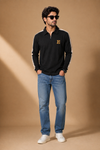 Men’s Black Half-Zip T-Shirt with Contrast Sleeve Stripes