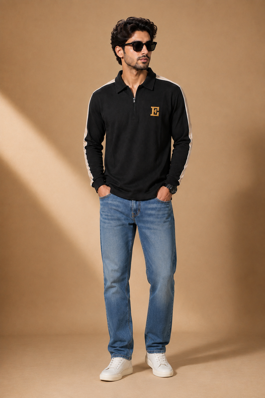 Men’s Black Half-Zip T-Shirt with Contrast Sleeve Stripes