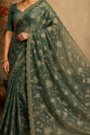 Elegant Sage Green Floral Embroidered Saree with Delicate Lace Border