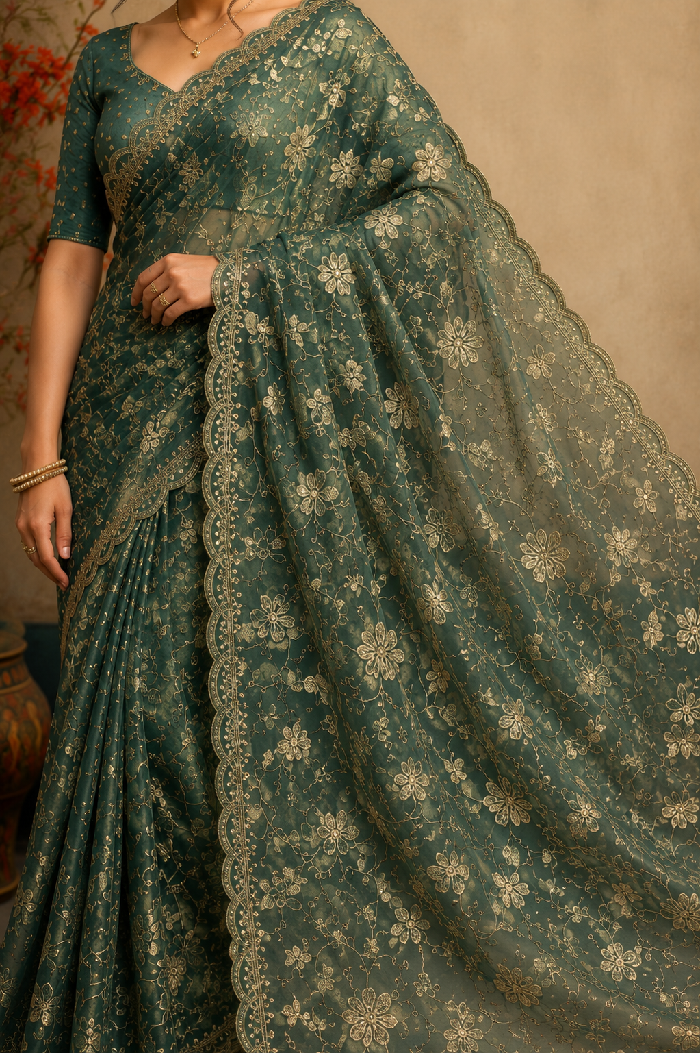 Elegant Sage Green Floral Embroidered Saree with Delicate Lace Border