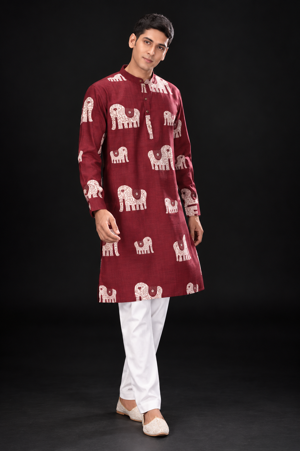 Maroon Elephant Print Kurta for Men