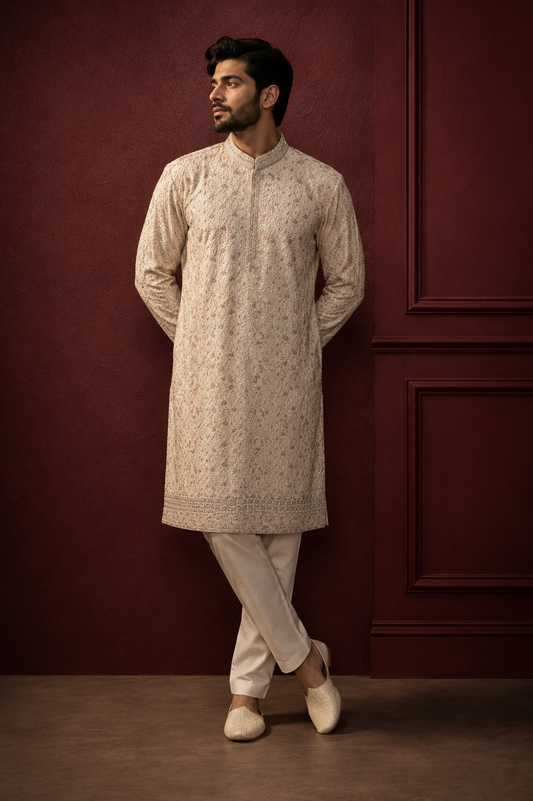 Off-White All-Over Sequin & Threadwork Embroidered Silk Kurta Set for Men