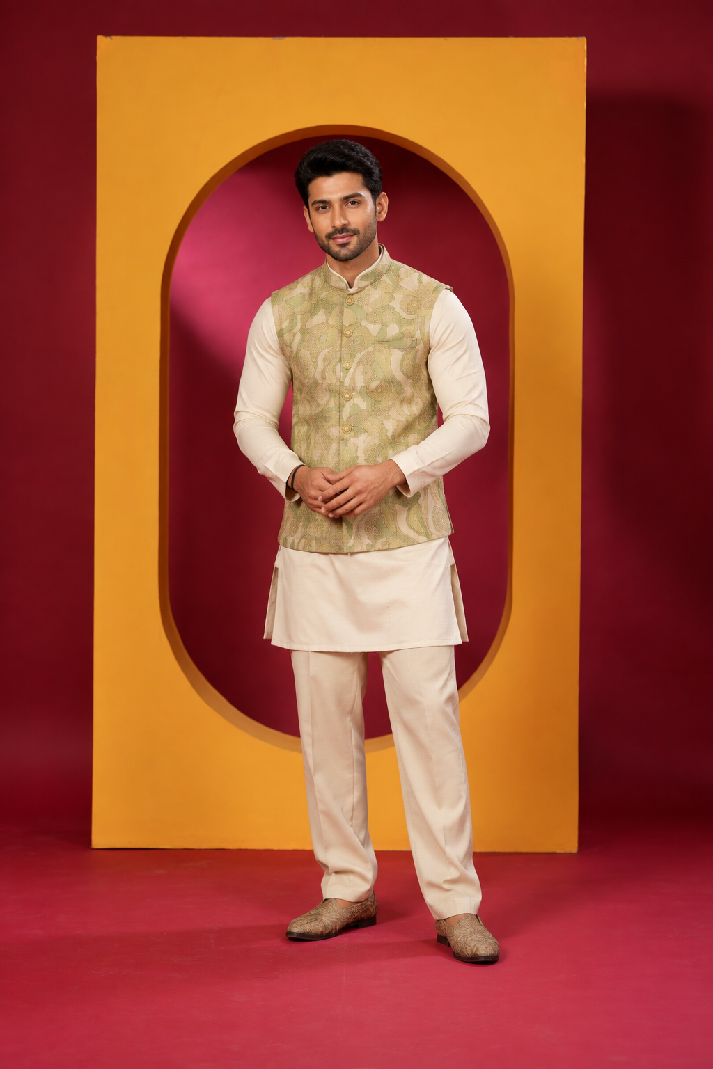 Elegant Sage Gold Nehru Jacket Kurta Set for Men