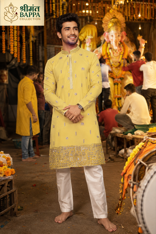 Shrimant Bappa Festive Yellow Embroidered Kurta