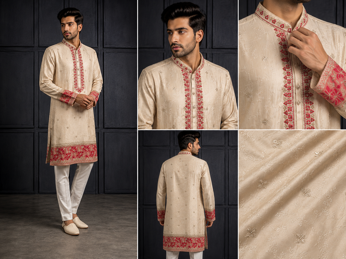 Beige Kurta Set with Red Floral Embroidered Border for Men