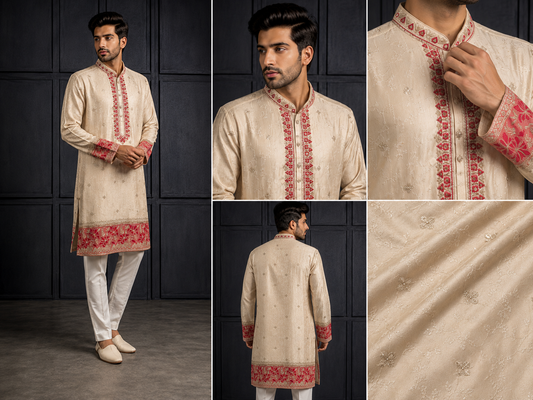 Beige Kurta Set with Red Floral Embroidered Border for Men