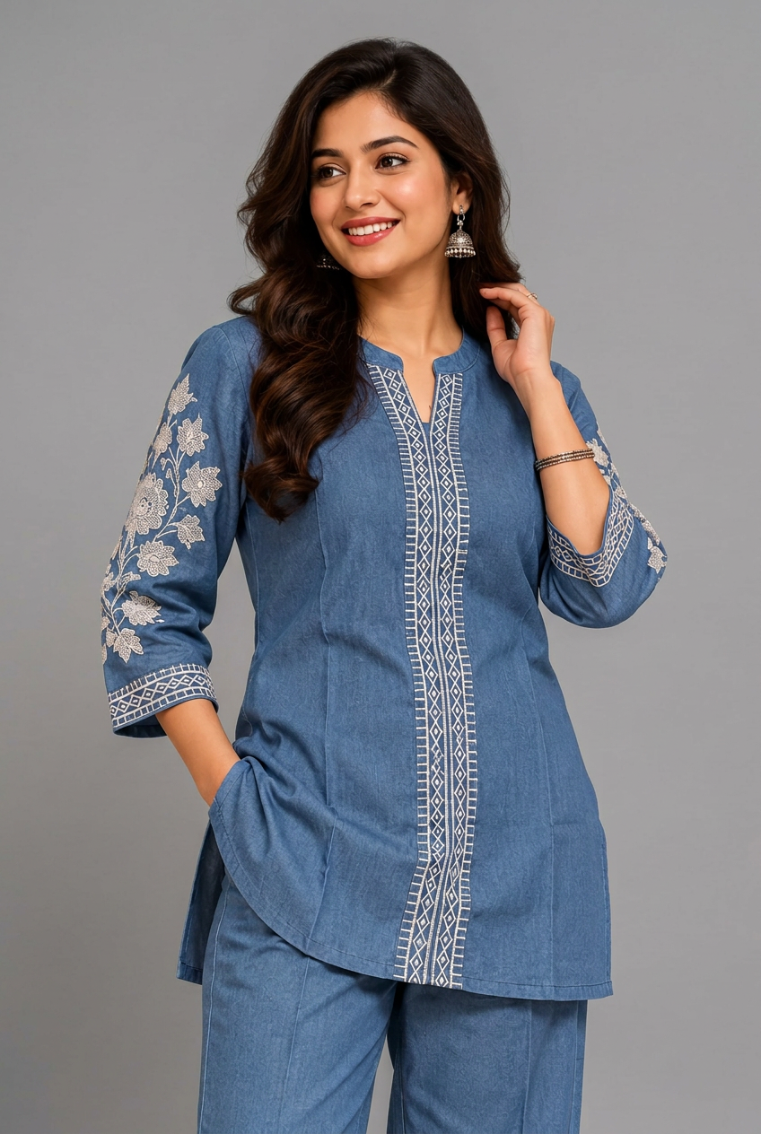 Elegant Blue Embroidered Denim Co-Ord Set for Women