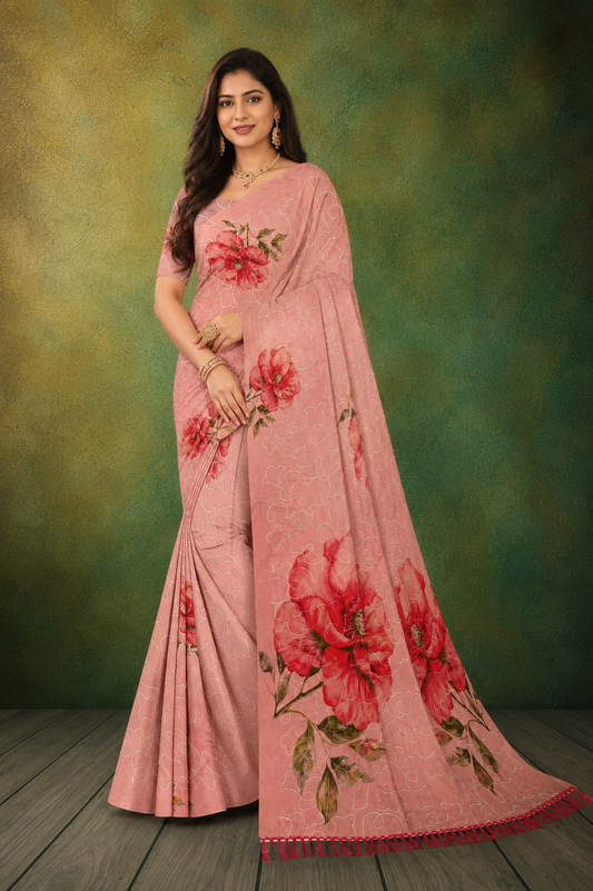 Light Pink Organza Embroidery Floral Saree