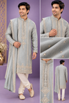 Men’s Ice Blue Embellished Kurta with Dupatta Set