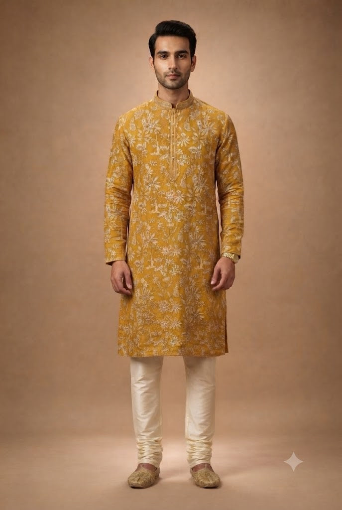 Mustard Gold Floral Festive Kurta