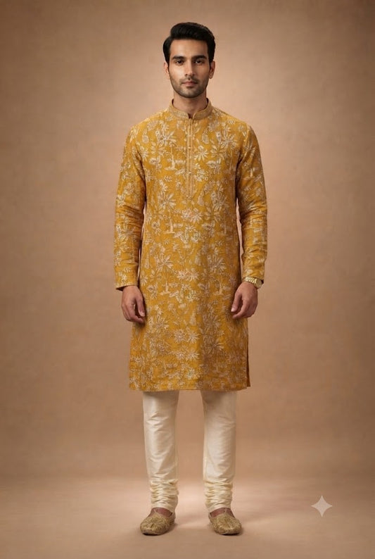 Mustard Gold Floral Festive Kurta
