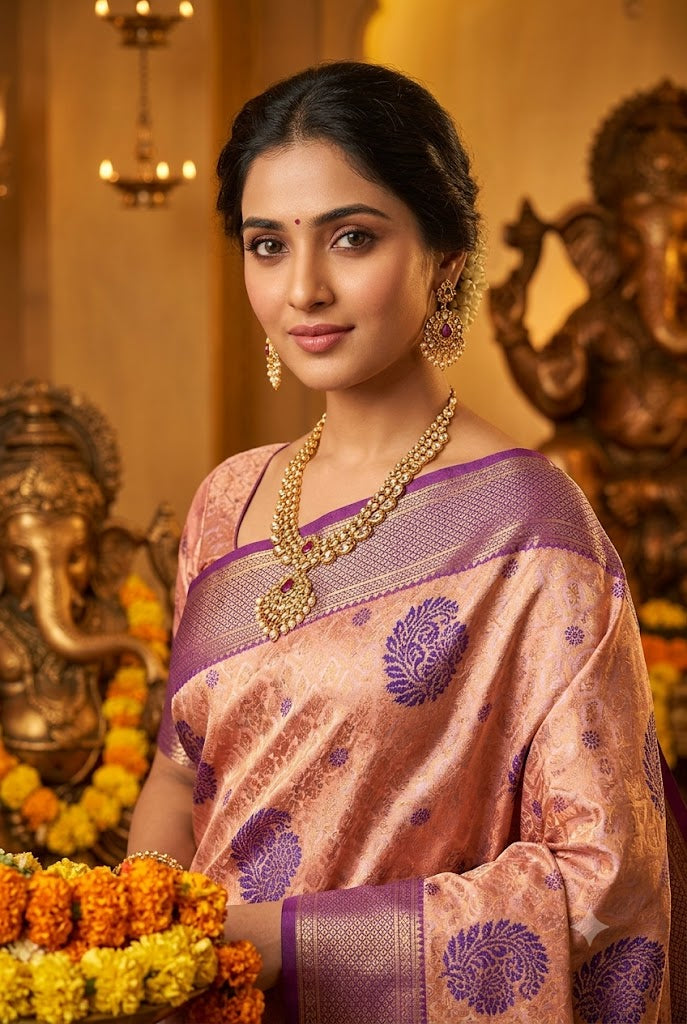 Elegant Peach & Purple Kanjivaram Silk Saree for Festive Celebrations