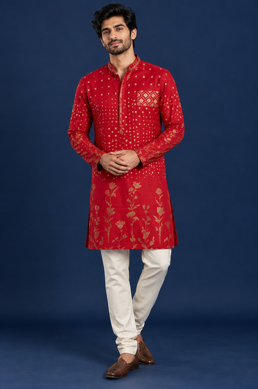 Red Gold Print Festive Kurta Set