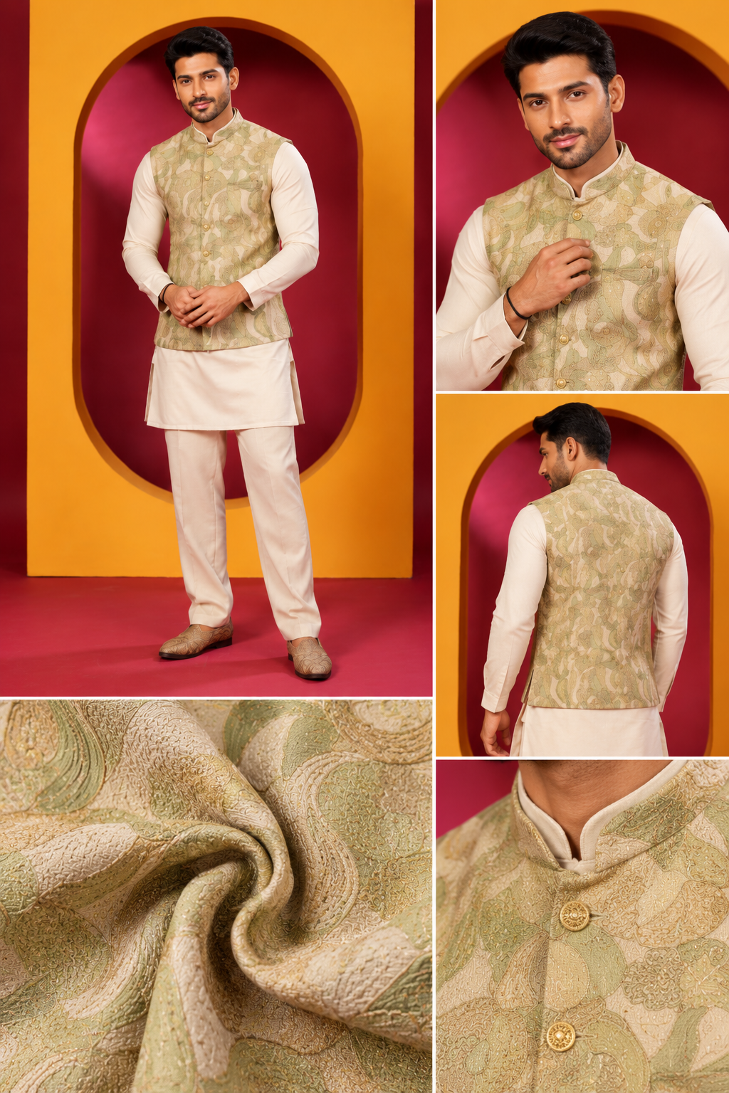 Elegant Sage Gold Nehru Jacket Kurta Set for Men