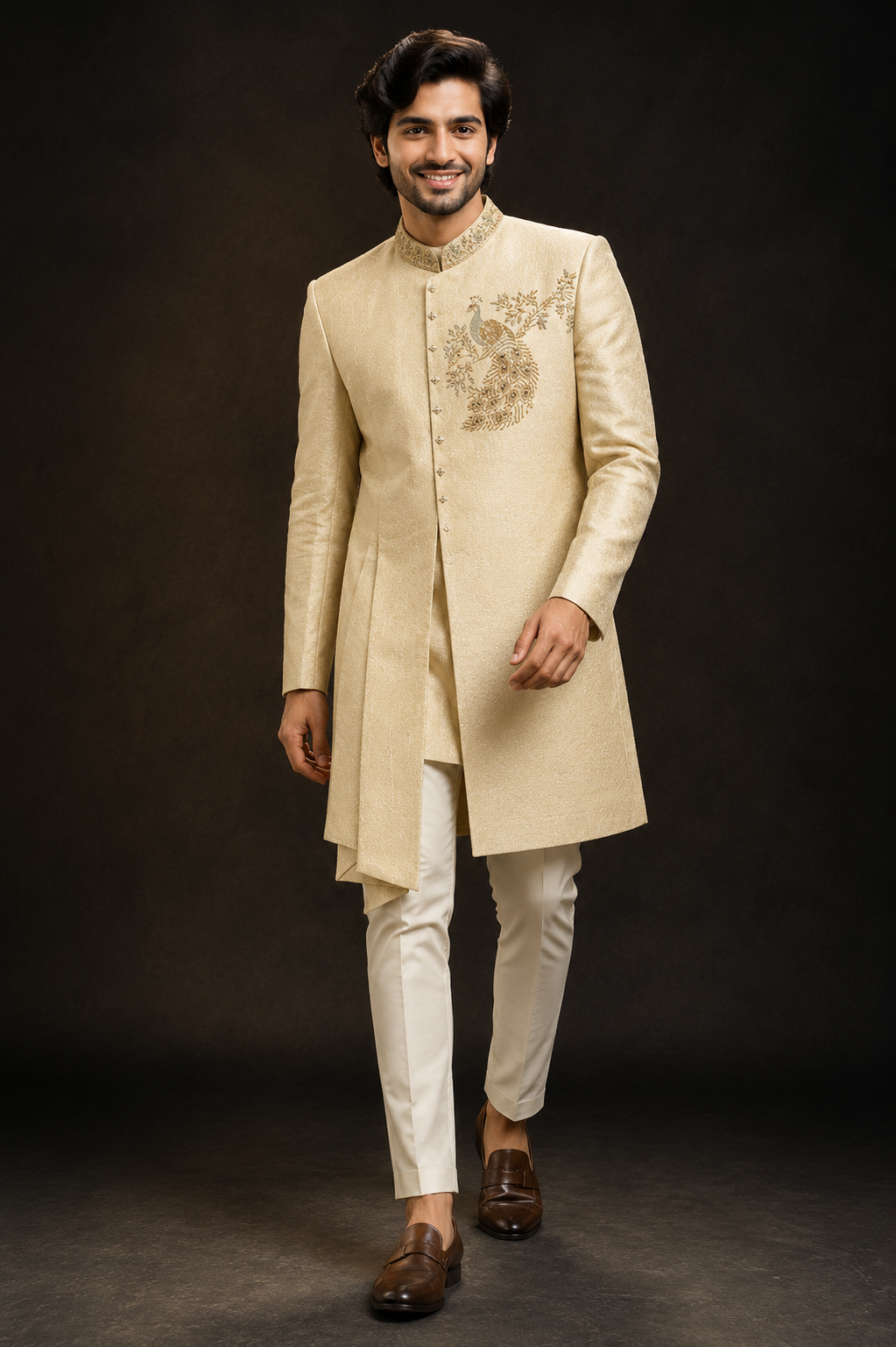 Ivory Embroidered Indo-Western Sherwani Set