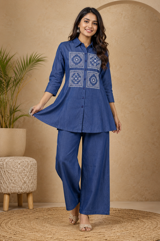 Embroidered Co-Ord Set for Women | Elegant Denim Look Cotton Co-Ord