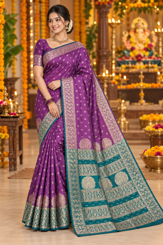 Royal Purple & Teal Zari Silk Saree