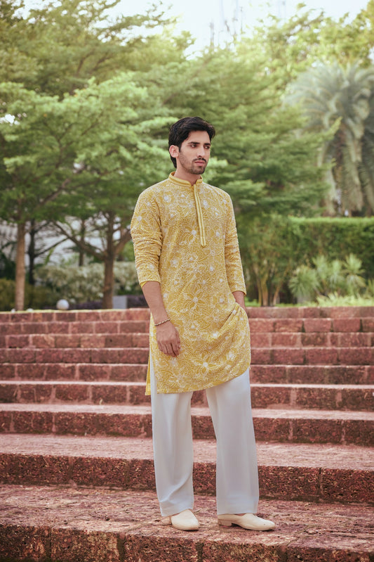Mustard Floral Printed Festive Kurta