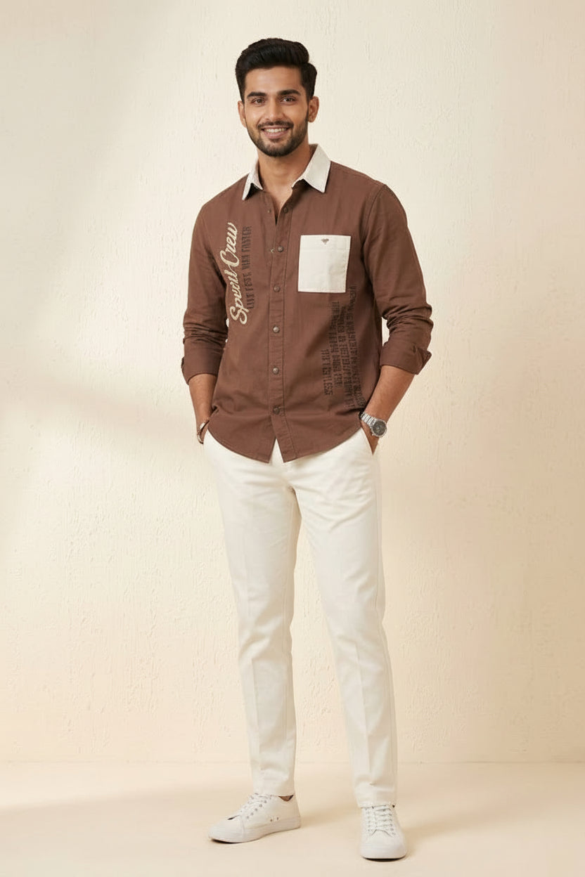 Men's Brown Graphic Colorblocked Casual Shirt