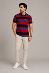 Title: Men’s Red & Navy Blue Striped Polo T-Shirt
