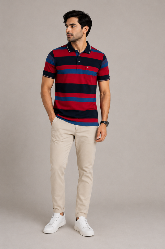 Title: Men’s Red & Navy Blue Striped Polo T-Shirt