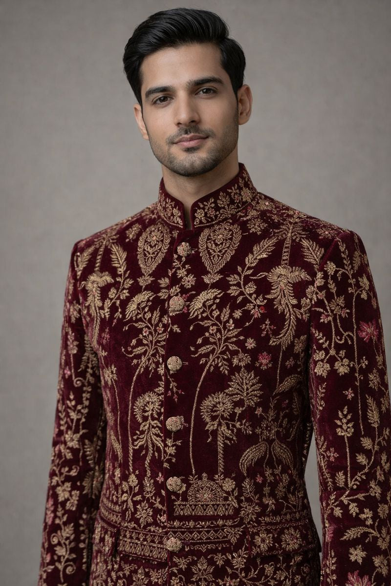 Regal Maroon Embroidered Jodhpuri Suit for Men