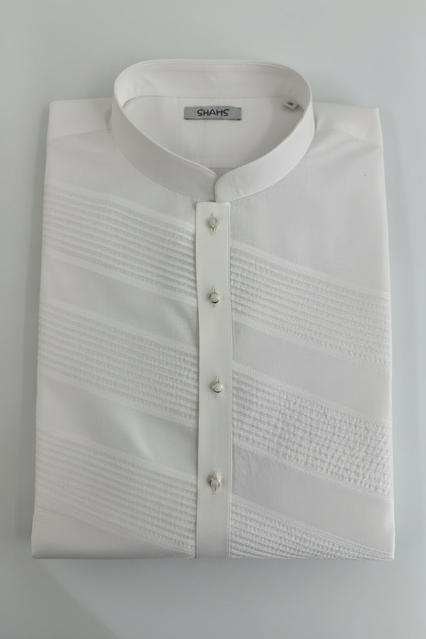 White Diagonal Self-Stripe Kurta for Men