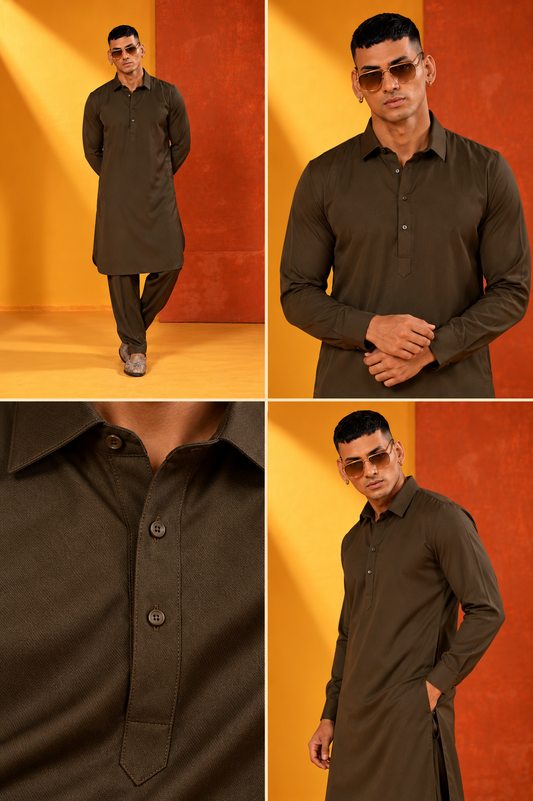 Dark Olive Brown Kurta Set – Contemporary Ethnic Style
