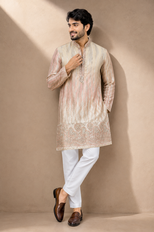 Champagne Beige Embroidered Festive Kurta Set