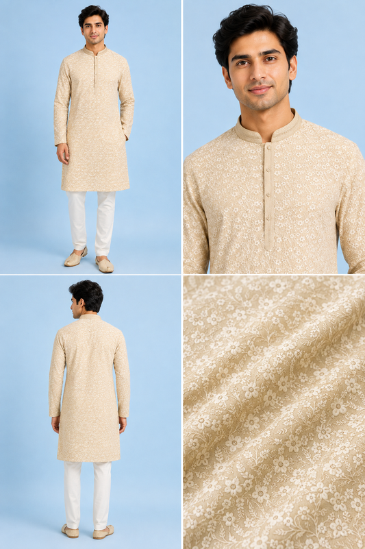 Ivory Floral Embroidered Kurta Set for Men