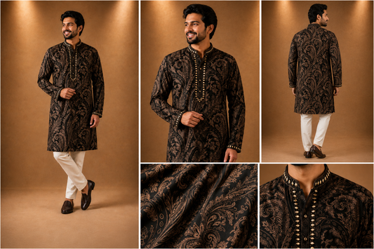 Royal Black & Gold Paisley Kurta