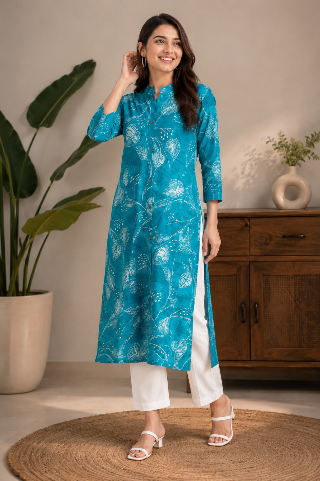Turquoise Leaf Print Kurti