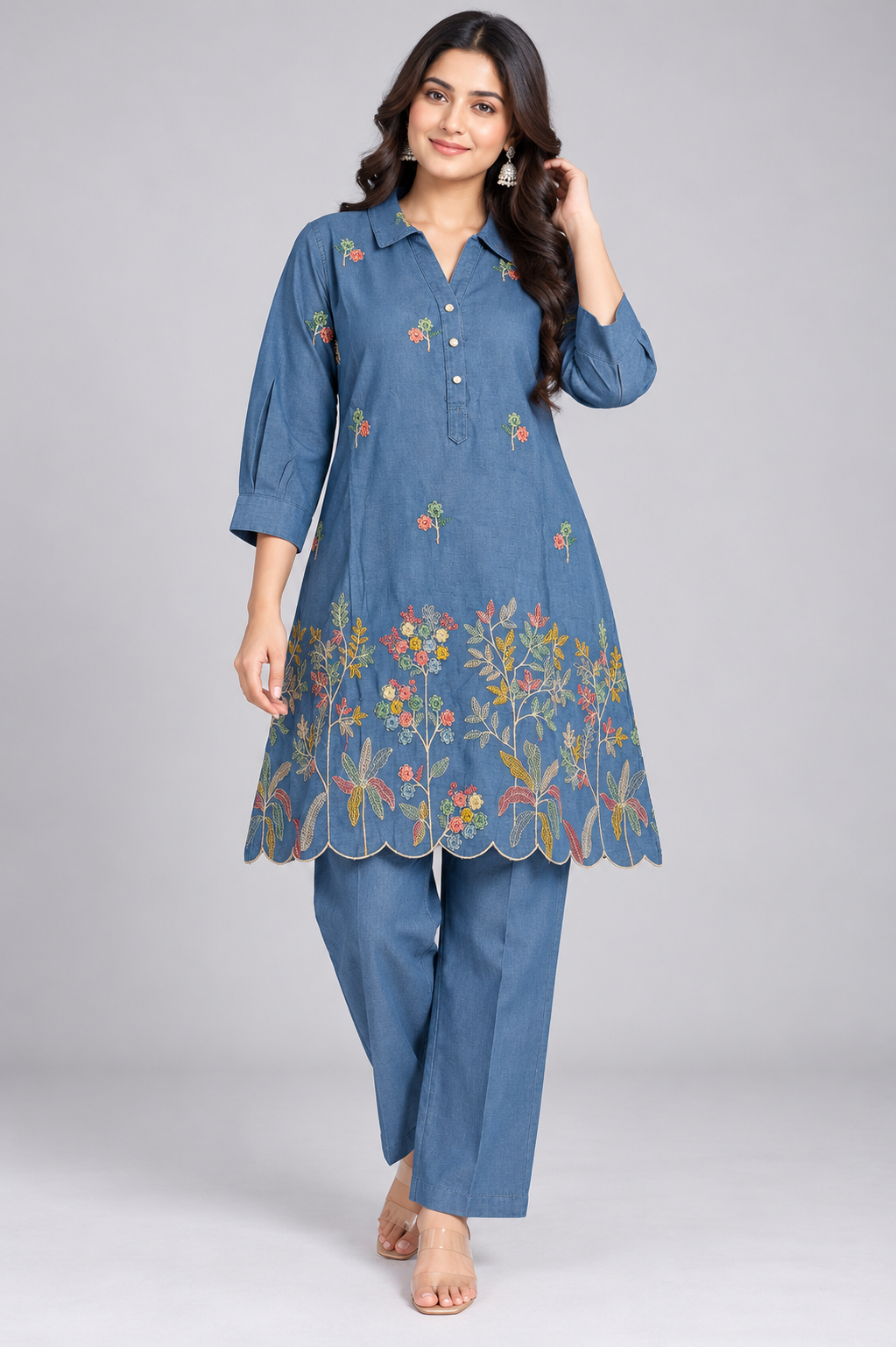 Elegant Denim Blue Floral Embroidered Co-Ord Set for Women
