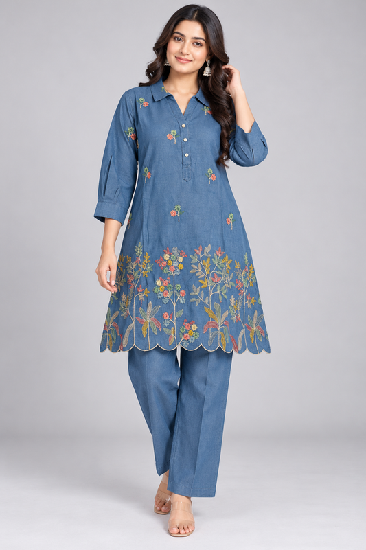 Elegant Denim Blue Floral Embroidered Co-Ord Set for Women