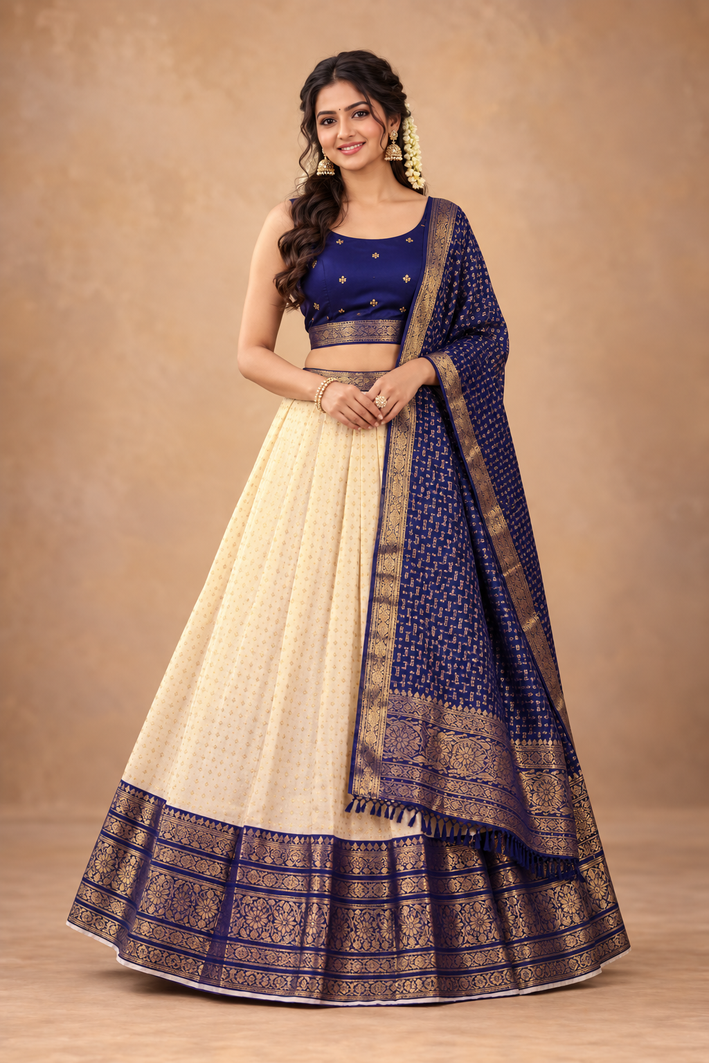 Elegant Cream & Navy Blue Zari Woven Lehenga Choli Set with Dupatta